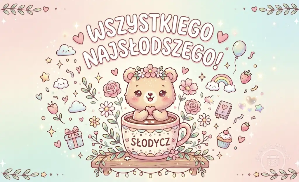 Urocza ilustracja misia w filiżance z napisem "Wszystkiego Najsłodszego!". Wokół serca, kwiaty, chmurki, tęcza, babeczki. Idealna kartka na poprawę nastroju w pracy.