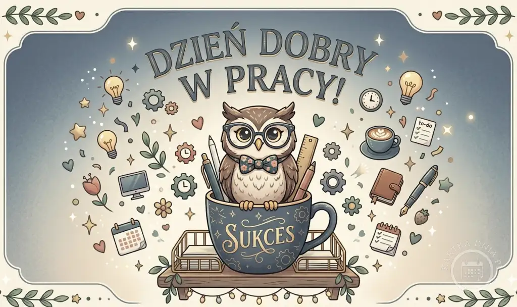 Sowa w okularach w kubku 'SUKCES', otoczona ikonami pracy (żarówki, kawa, monitor, kalendarz). Napis: 'DZIEŃ DOBRY W PRACY!'.