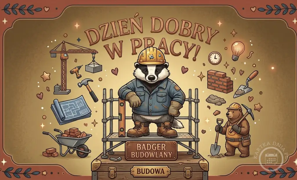 Grafika "Dzień Dobry w Pracy!" z borsukiem budowlańcem na rusztowaniu. Wokół niego: żuraw, cegły, plany, narzędzia i niedźwiedź z łopatą.