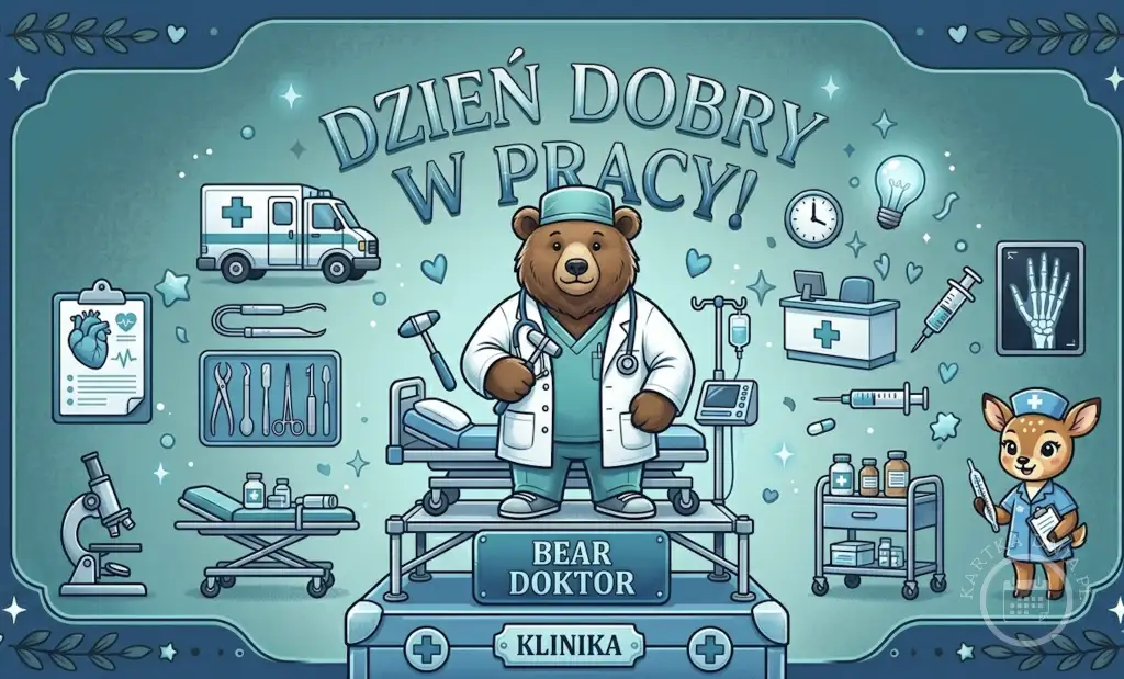 Ilustracja kartki z napisem 'Dzień Dobry W Pracy!'. W centrum miś doktor w kitlu i sarenka pielęgniarka z termometrem. Wokół karetka, łóżko szpitalne, narzędzia medyczne i mikroskop. Wesoły motyw medyczny.