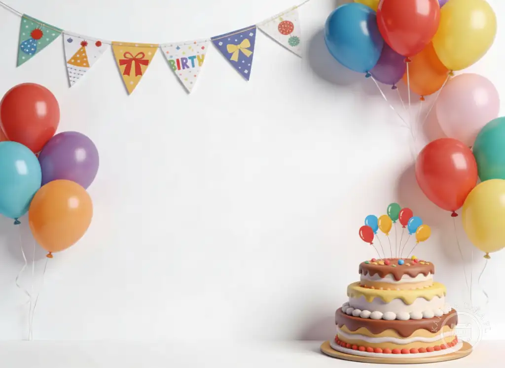 Kadr z tortem urodzinowym na pierwszym planie, otoczonym kolorowymi balonami i girlandą "BIRTHDAY" na białym tle. Dużo miejsca na tekst.