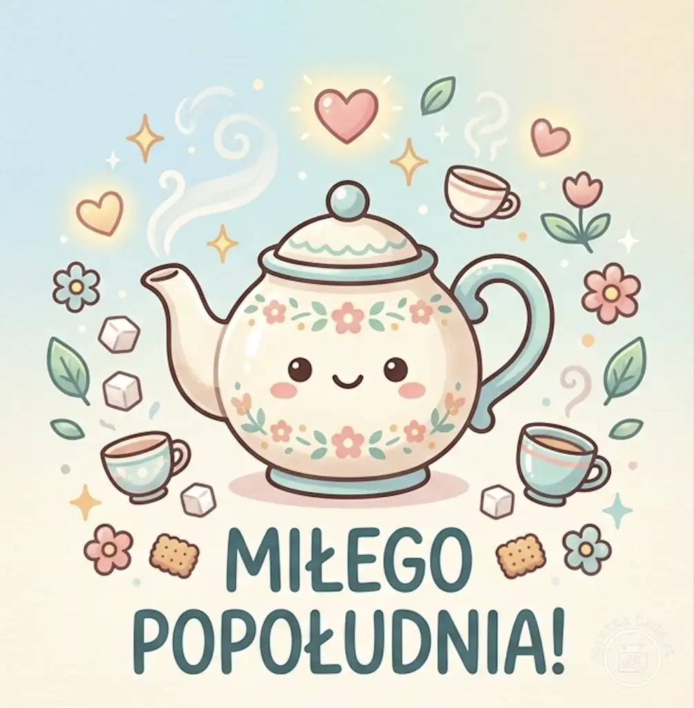 Urocza ilustracja z uśmiechniętym czajniczkiem w kwiaty, serduszkami, filiżankami, kostkami cukru i ciasteczkami. Tekst: Miłego Popołudnia!