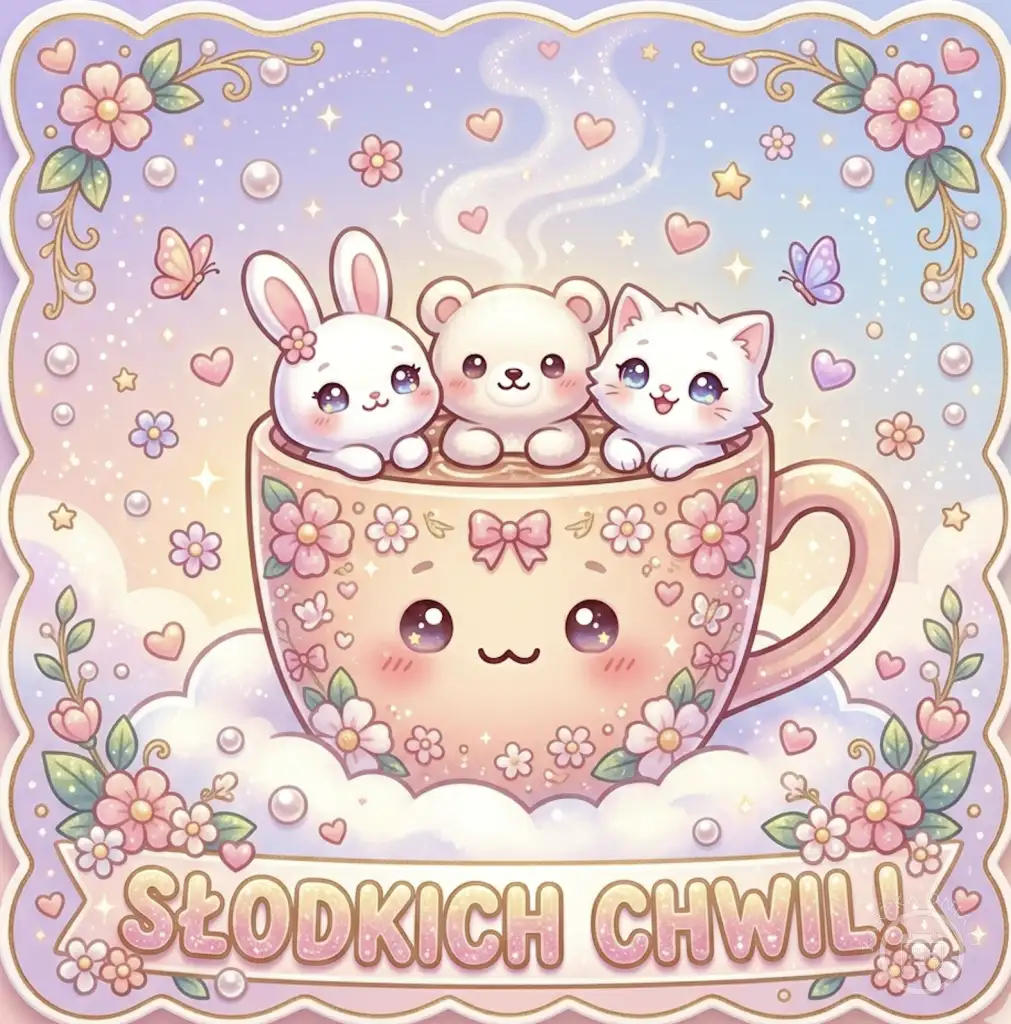 Urocza kartka na dzień dobry przedstawiająca króliczka, misia i kotka w pastelowej filiżance z napisem "Słodkich Chwil!". Idealna do wysłania bliskim.