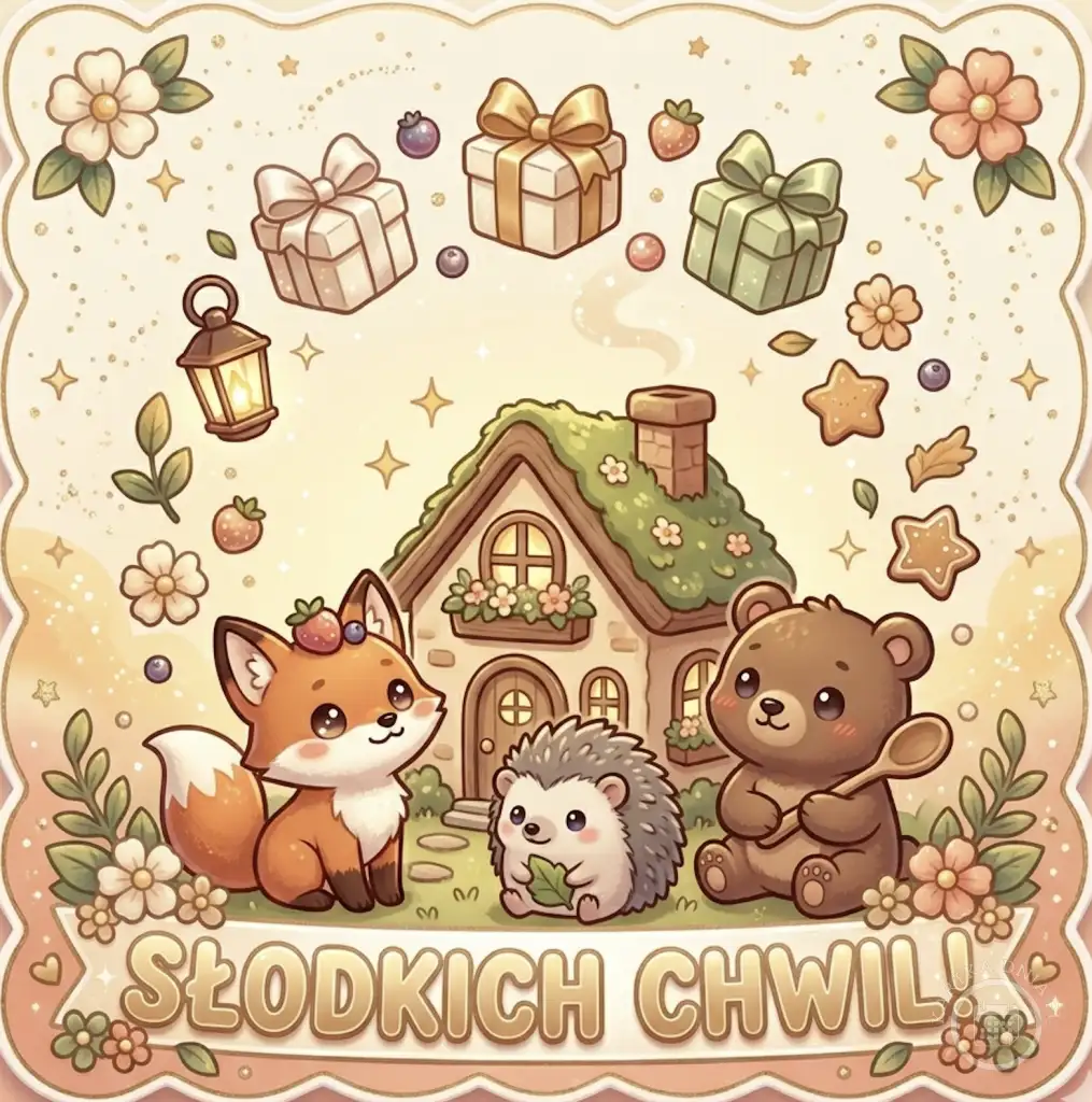 Kartka na dzień dobry z lisem, jeżem, misiem przy domku, z prezentami i napisem 'Słodkich Chwil!'. Idealna na miłe powitanie.