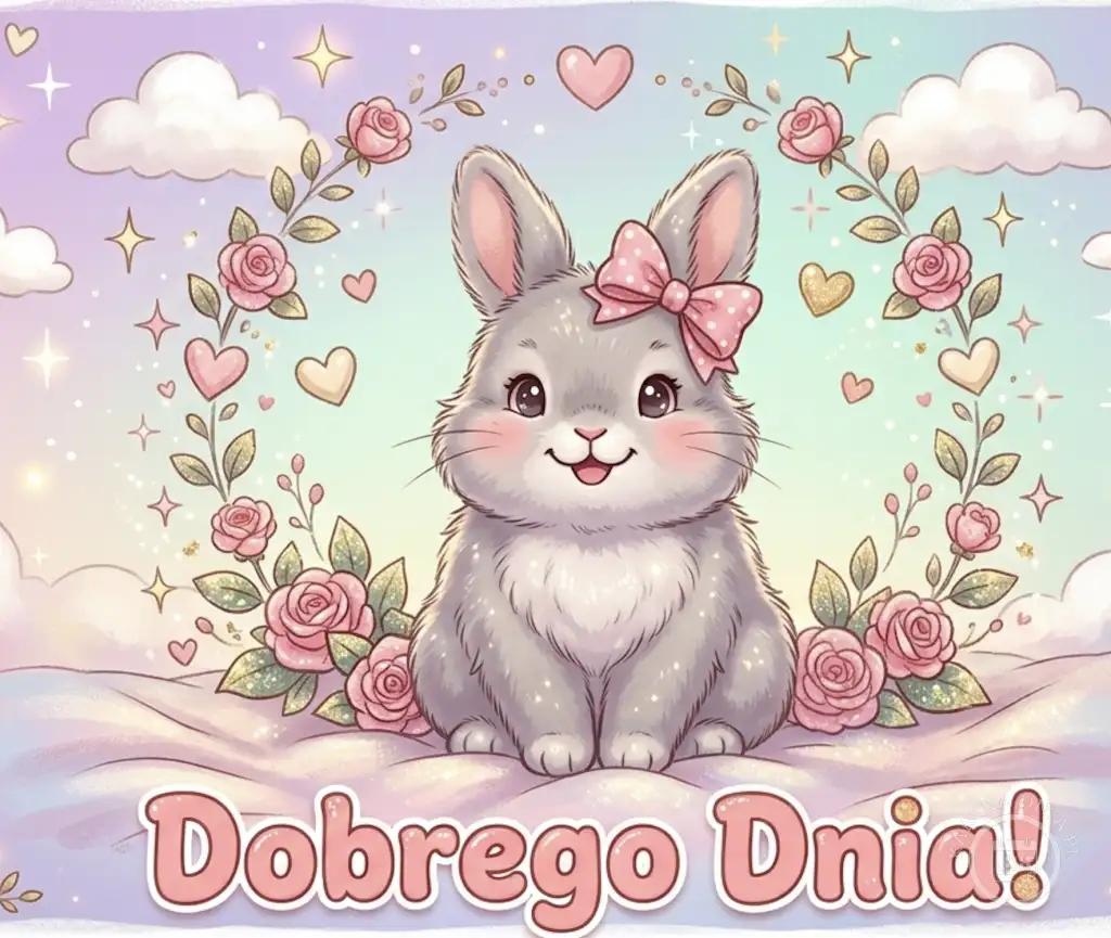 Kartka na dzień dobry z uroczym szarym króliczkiem w różowej kokardce, wśród róż, serc, chmur i napisem 'Dobrego Dnia!'