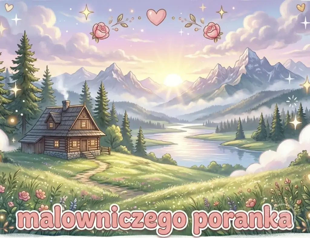 Kartka na dzień dobry z górskim krajobrazem o wschodzie słońca, domkiem, rzeką i napisem 'malowniczego poranka'.