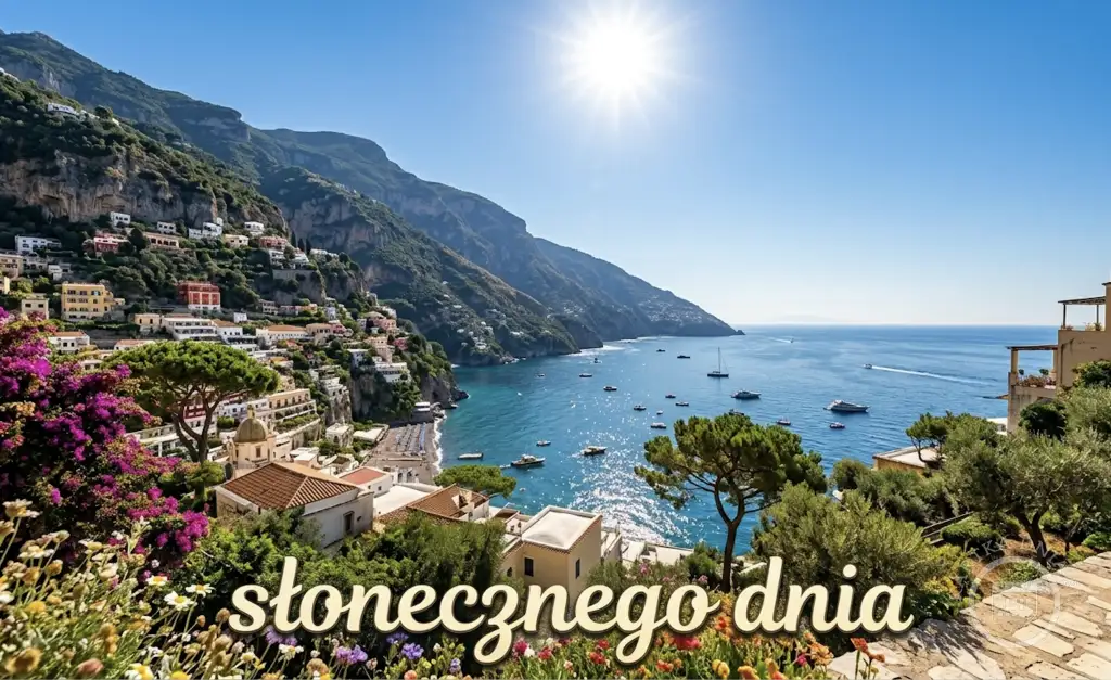 Słoneczna kartka na dzień dobry. Widok na miasteczko na Wybrzeżu Amalfi, błękitne morze, góry, kwiaty i napis 'Słonecznego dnia'.