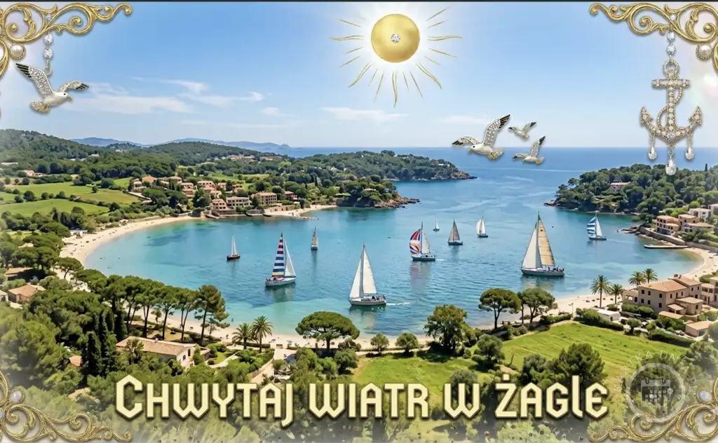 Malownicza zatoka z turkusową wodą, licznymi żaglówkami, piaszczystą plażą i zieloną roślinnością pod błękitnym niebem. Złote słońce i diamentowe mewy. Napis: Chwytaj Wiatr w Żagle.