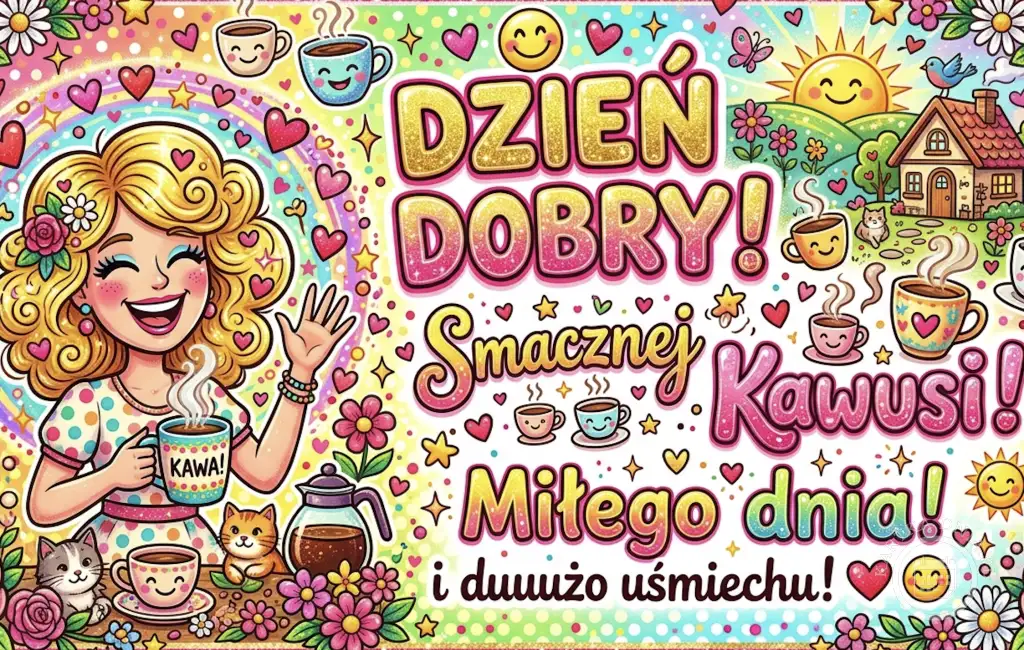 Wesoła kartka na dzień dobry z uśmiechniętą kobietą pijącą kawę, otoczoną sercami, gwiazdkami, kotkami i słonecznym krajobrazem. Napisy: Dzień Dobry!, Smacznej Kawusi!, Miłego dnia!, i duuuużo uśmiechu!