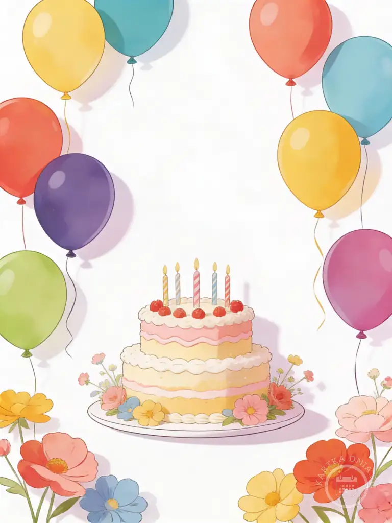 Ilustracja kartki urodzinowej z dwupiętrowym tortem ze świeczkami i wiśniami, otoczonym kolorowymi balonami i kwiatami na białym tle.