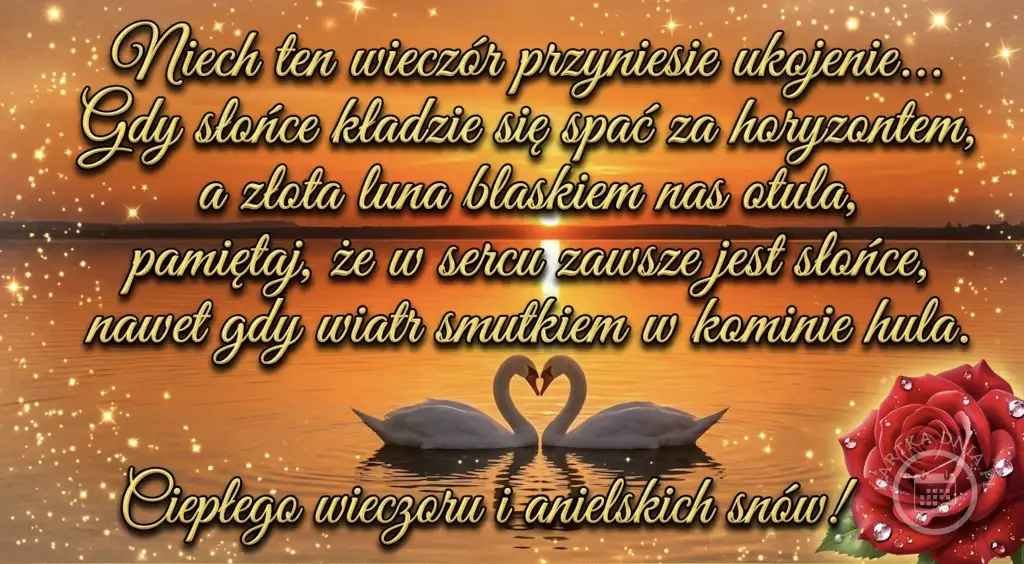 Kartka na dobranoc z romantycznym zachodem słońca, łabędziami tworzącymi serce i czerwoną różą z kroplami rosy. Złote napisy życzą ukojenia i anielskich snów.