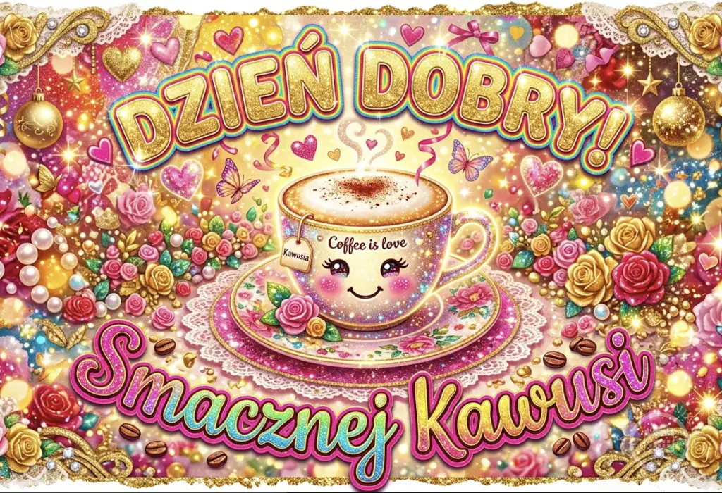 Błyszcząca kartka na dzień dobry z uśmiechniętą kawą, serduszkami, różami, perłami i złotymi zdobieniami. Napis: Dzień Dobry! Smacznej Kawusi!