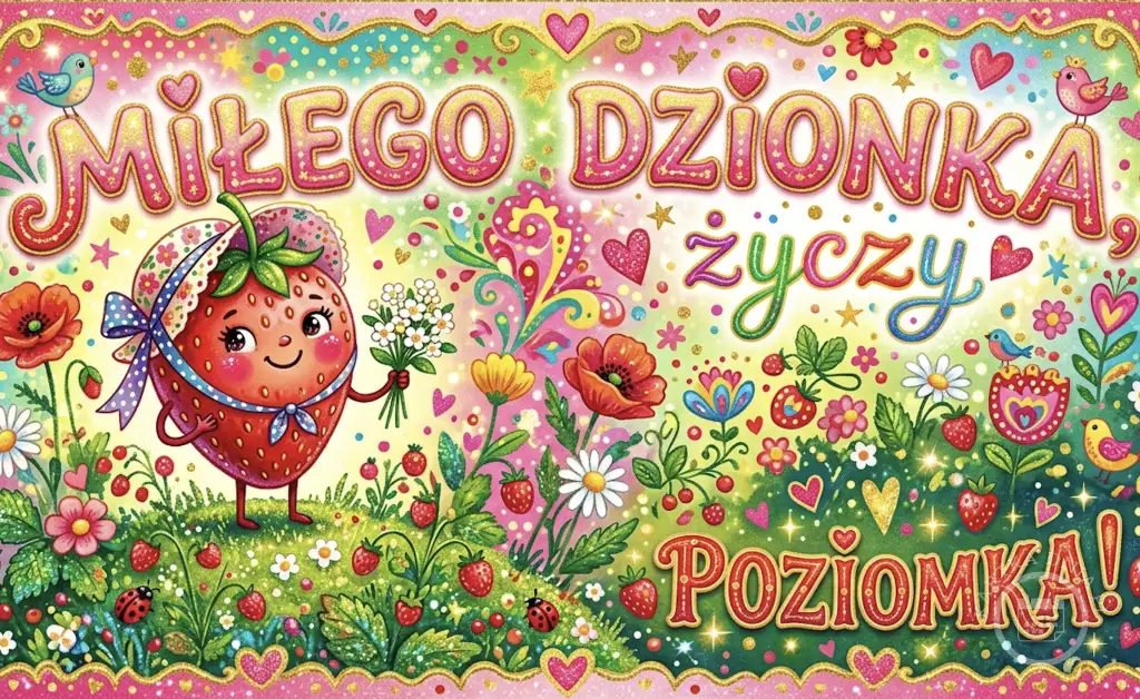 Urocza kartka 'Miłego Dzinka życzy Poziomka' z wesołą truskawką, kwiatami, ptakami i biedronkami, pełna brokatu i pozytywnej energii.