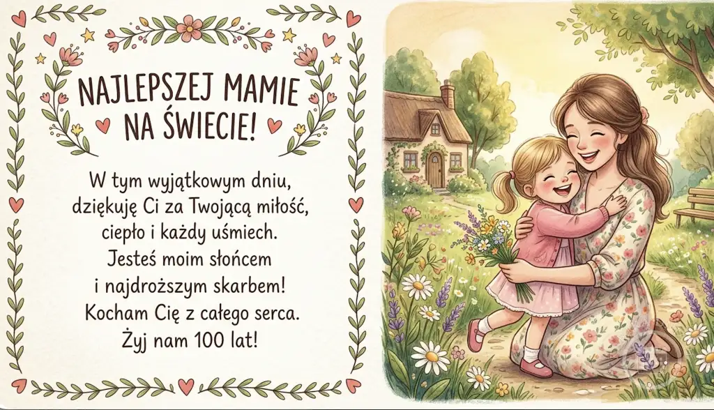Urocza kartka na Dzień Matki z ilustracją uśmiechniętej mamy przytulającej dziecko w kwitnącym ogrodzie oraz życzeniami.