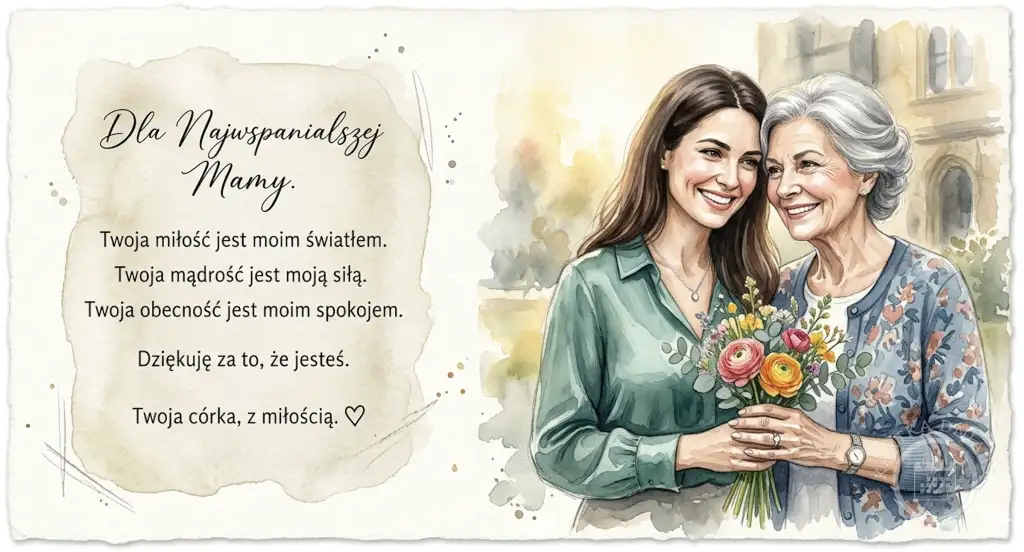 Wzruszająca akwarelowa kartka na Dzień Matki z uśmiechniętą córką obejmującą matkę, trzymającą bukiet kwiatów. Z osobistym wyznaniem miłości.