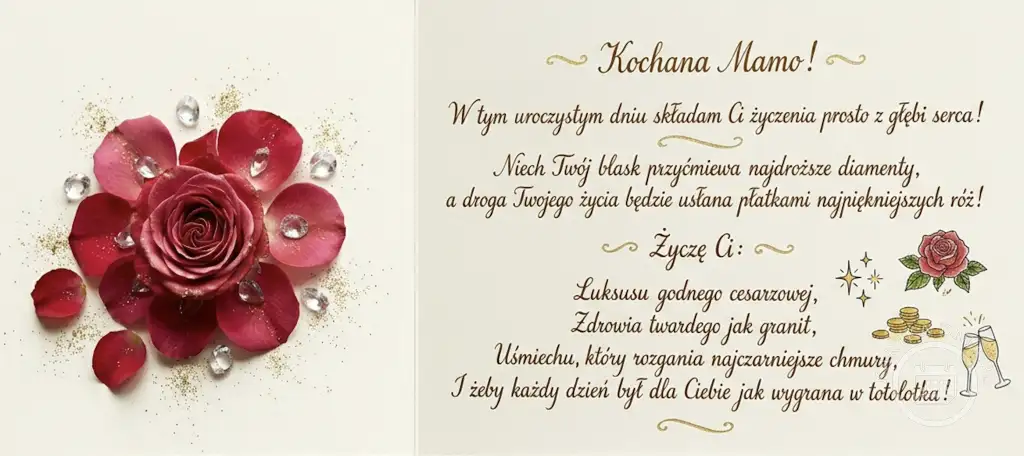 Elegancka kartka na Dzień Matki z czerwoną różą, płatkami, brokatem i kryształkami. W środku wzruszające życzenia dla Mamy.