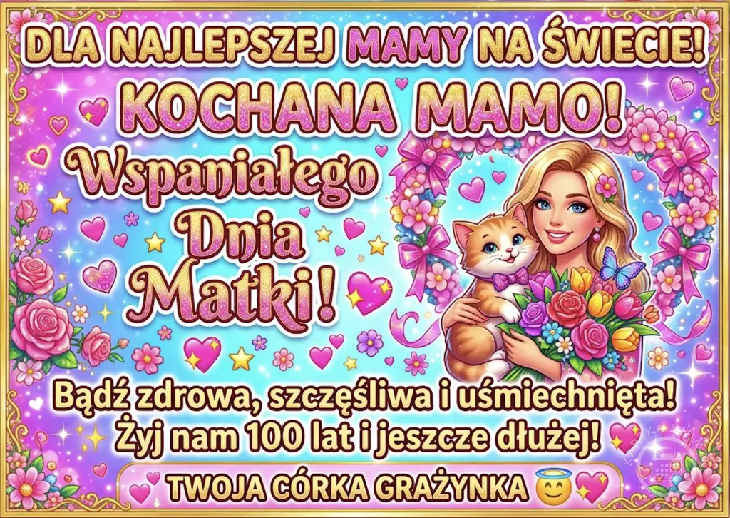 Różowa kartka na Dzień Matki z kobietą, kotem i bukietem kwiatów, napisem 'KOCHANA MAMO! Wspaniałego Dnia Matki!'