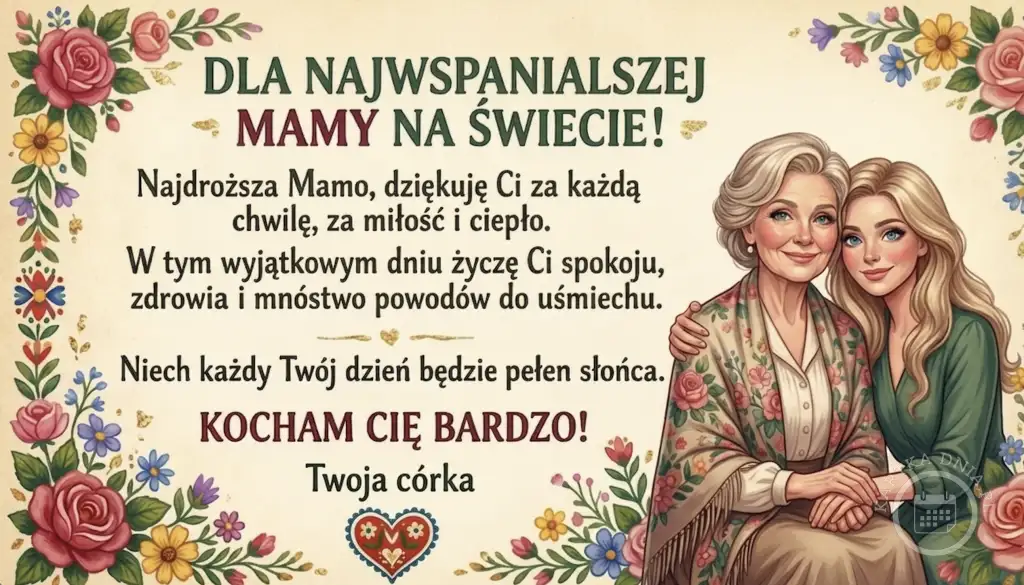 Kartka na Dzień Matki: ilustracja matki i córki w uścisku, z ramką z róż i kwiatów. Życzenia: 'DLA NAJWSPANIALSZEJ MAMY NA ŚWIECIE!', 'KOCHAM CIĘ BARDZO! Twoja córka'.