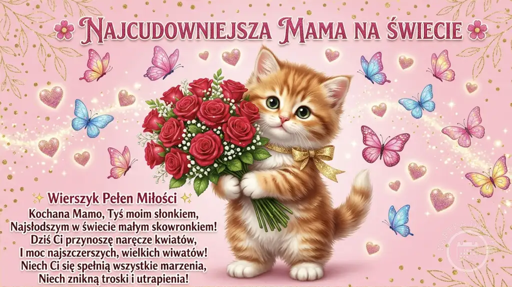 Urocza kartka na Dzień Matki z rudym kotkiem trzymającym bukiet czerwonych róż, otoczonym motylami i błyszczącymi serduszkami na różowym tle. Napis: "NAJCUDOWNIEJSZA MAMA NA ŚWIECIE".