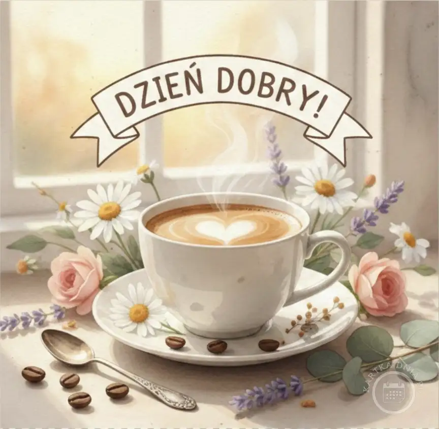 Kartka Dzień Dobry! Kawa latte z sercem, parująca w słońcu. Kwiaty: róże, stokrotki, lawenda. Ziarna kawy. Miły poranek.