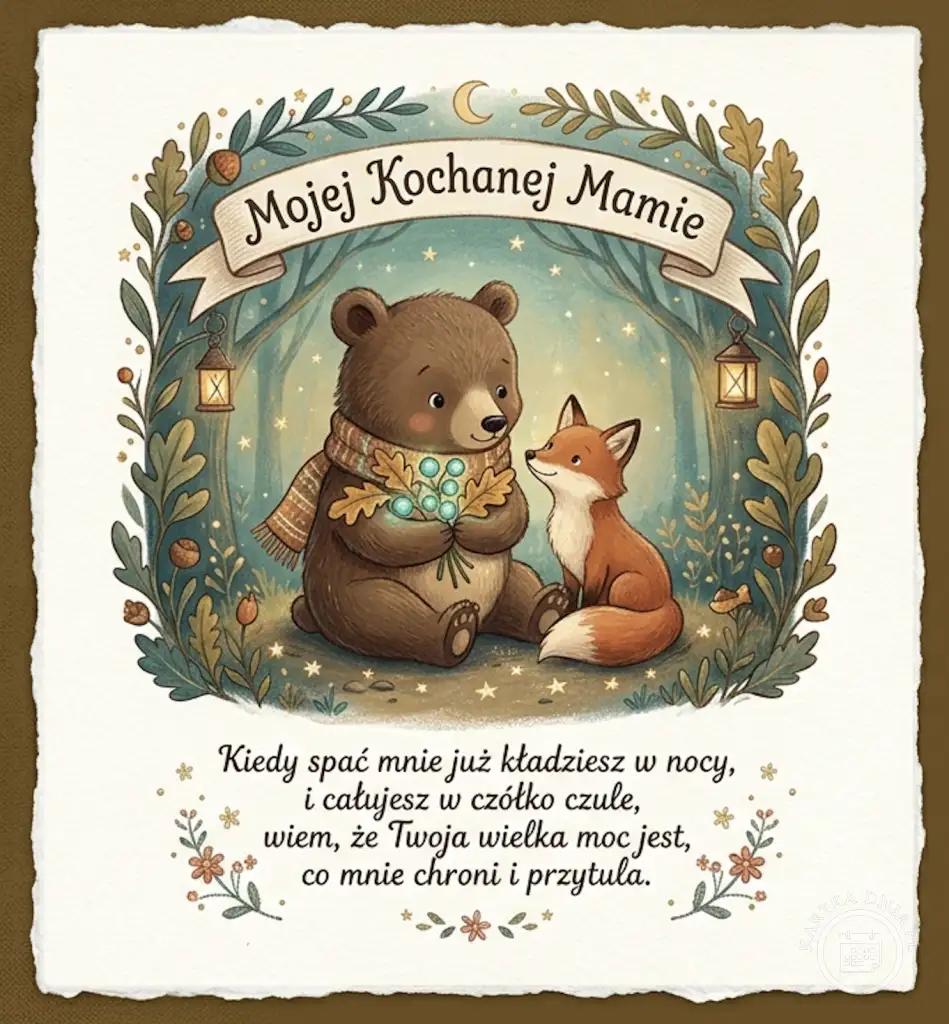 Kartka na Dzień Matki z misiem i liskiem w leśnej scenerii. Napis "Mojej Kochanej Mamie" i wierszyk o matczynej miłości.