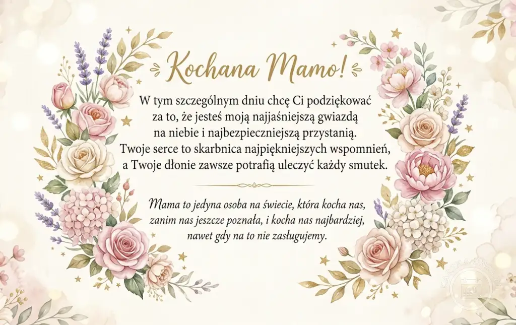 Kartka na Dzień Matki z akwarelowymi kwiatami: róże, lawenda, hortensje. Złoty napis 'Kochana Mamo!', wzruszające życzenia.