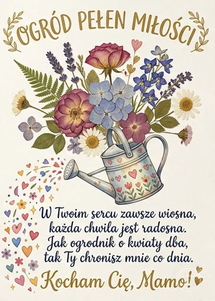 Kartka na Dzień Matki z konewką, sercami i bukietem kwiatów: róże, lawenda, hortensje. Napisy: Ogród Pełen Miłości, Kocham Cię Mamo.