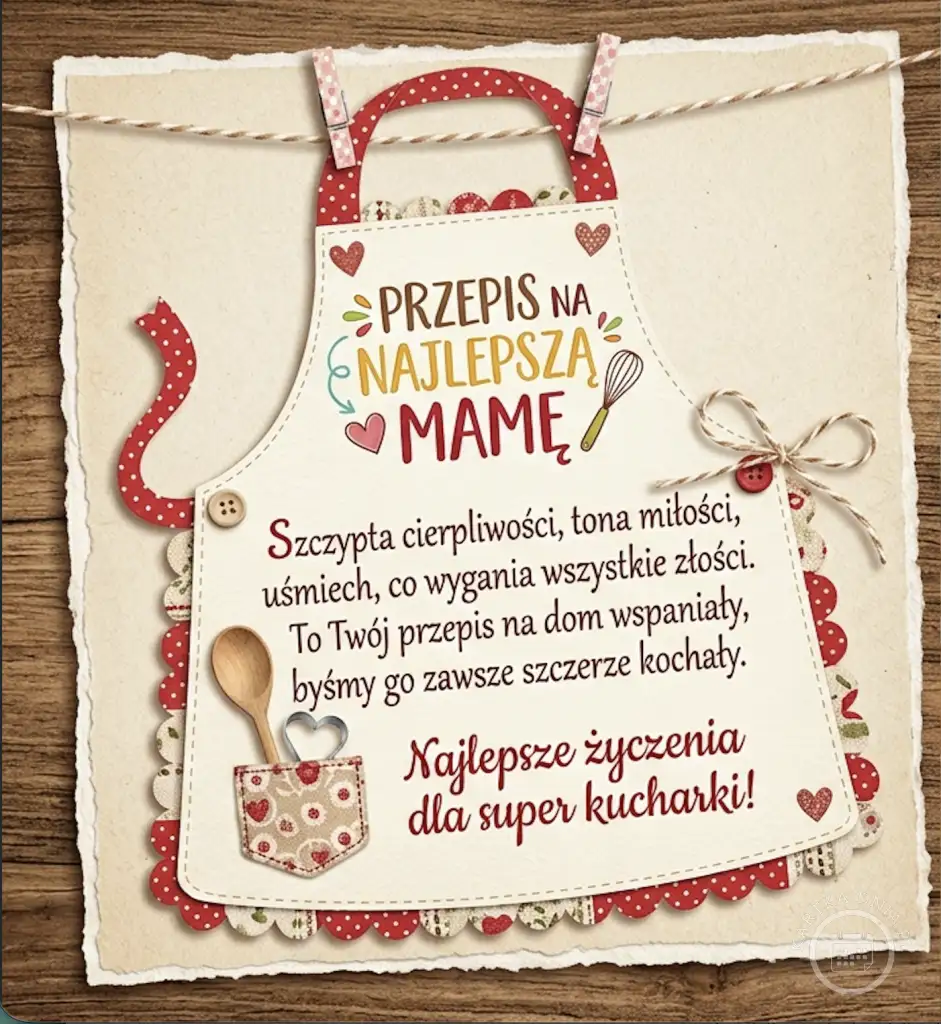 Urocza kartka na Dzień Matki w kształcie fartucha kuchennego z napisem "Przepis na Najlepszą Mamę", łyżką i serduszkiem.