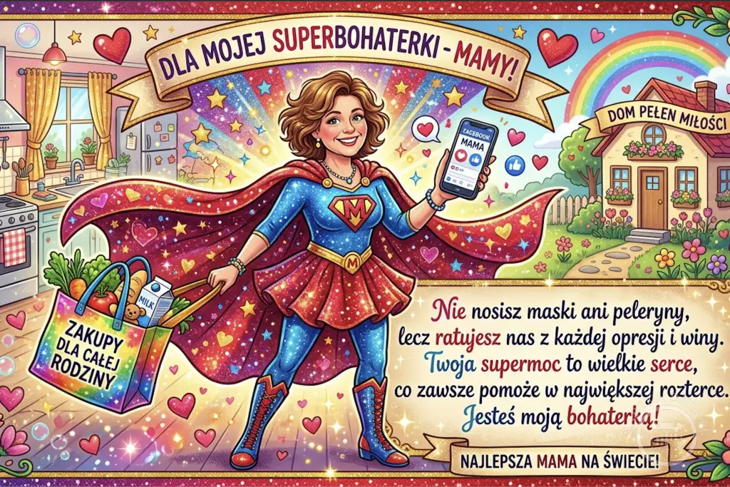 Kartka na Dzień Matki: Mama Superbohaterka w stroju z M, z zakupami i smartfonem. Napis: 'DLA MOJEJ SUPERBOHATERKI-MAMY!'