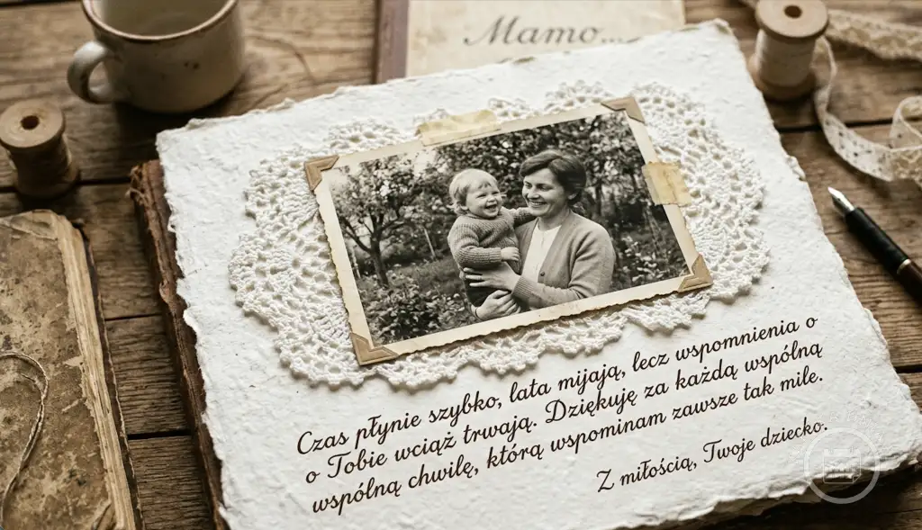 Kartka na Dzień Matki w stylu vintage z czarno-białym zdjęciem uśmiechniętej matki z dzieckiem oraz sentymentalnym napisem.