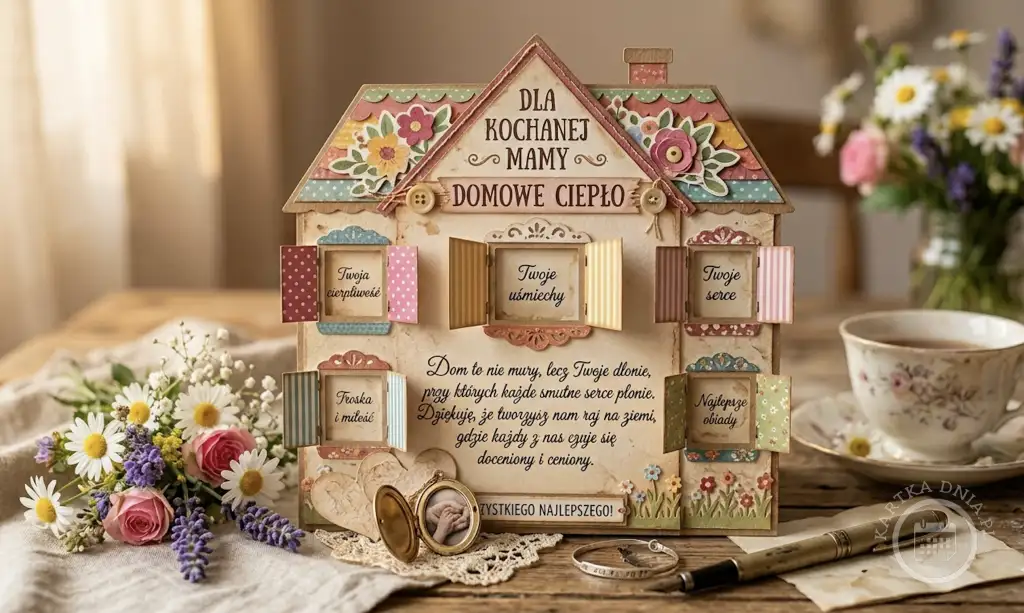 Ręcznie robiona kartka na Dzień Matki w kształcie uroczego domku z kwiatowymi zdobieniami i sentymentalnymi napisami, otoczona kwiatami i retro akcesoriami.