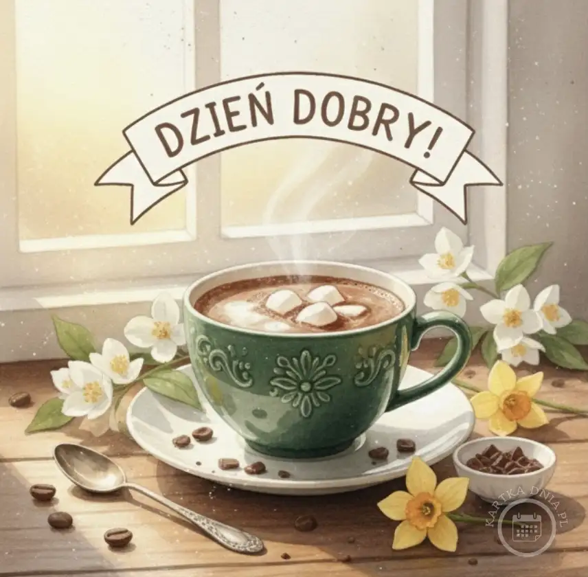 Kartka na dzień dobry z kubkiem gorącej kawy z piankami, obok jaśmin i narcyzy. Słoneczny poranek, napis 'DZIEŃ DOBRY!'.
