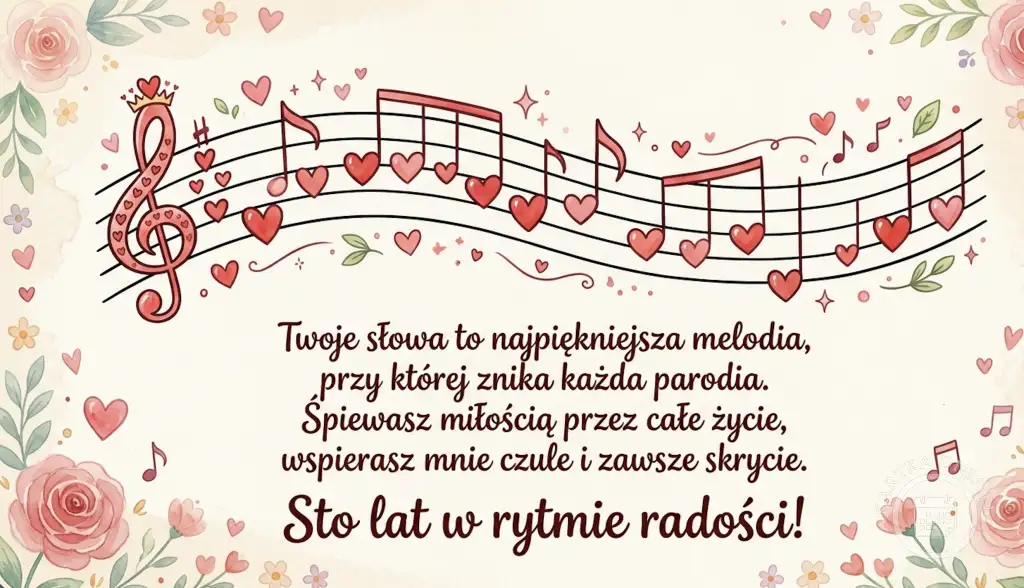 Urocza kartka na Dzień Matki z motywem muzycznym. Nuty w kształcie czerwonych serc na pięciolinii z kluczem wiolinowym w koronie. Tekst życzeń o miłości i radości.