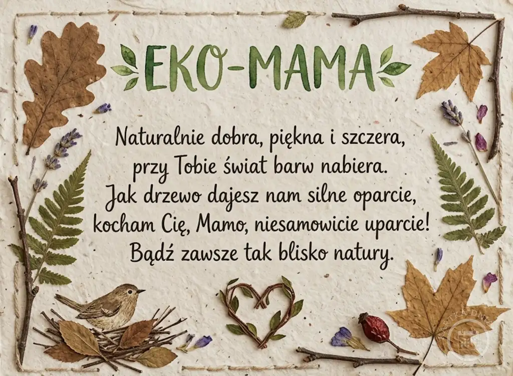 Kartka na Dzień Matki EKO-MAMA. Suszone liście, kwiaty i ptaszek tworzą naturalną oprawę wiersza o Mamie bliskiej naturze.