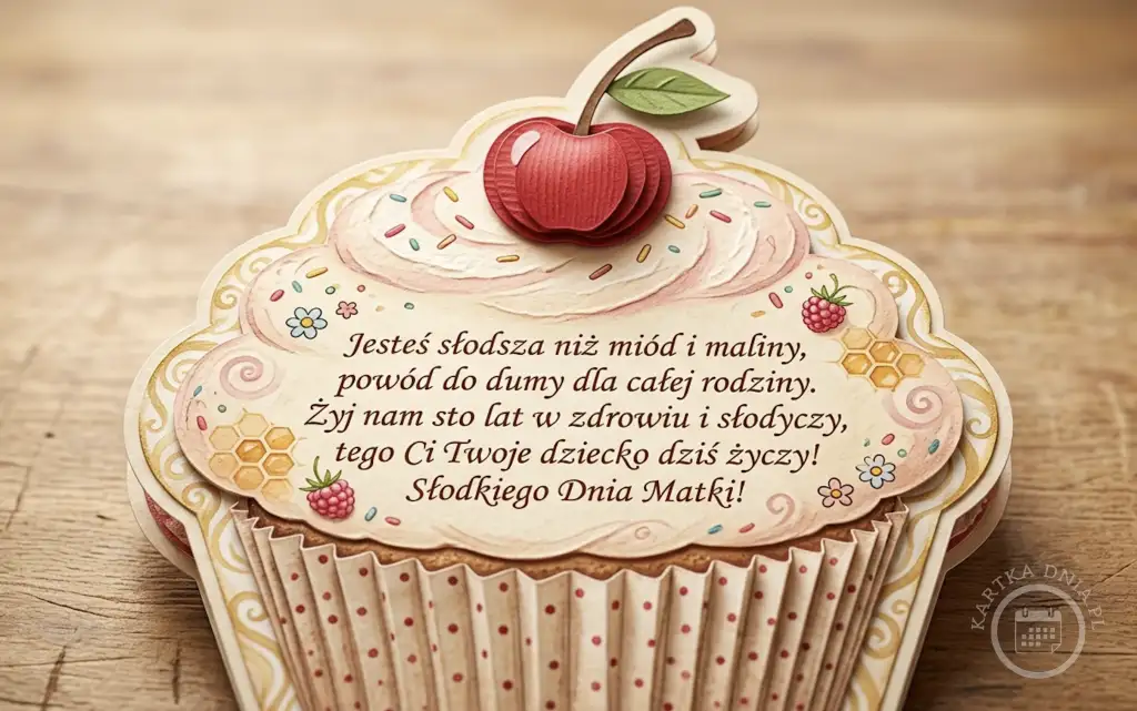 Kreatywna kartka na Dzień Matki w formie babeczki z wisienką i posypką, z personalizowanymi życzeniami, leżąca na drewnianym tle.