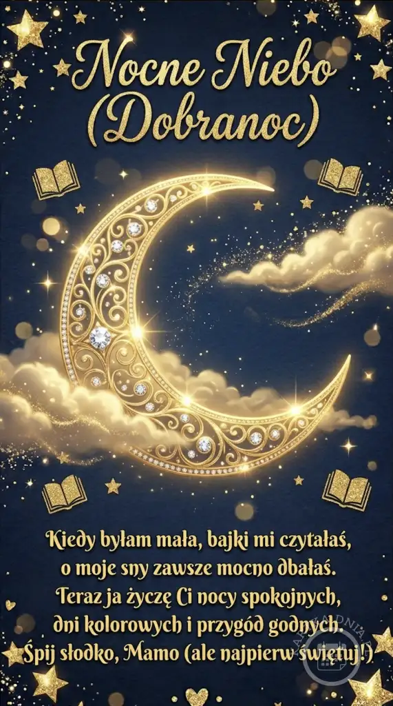 Elegancka kartka na Dzień Matki z nocnym niebem. Złoty, zdobiony księżyc i gwiazdy. Wiersz z życzeniami dobrej nocy dla Mamy.