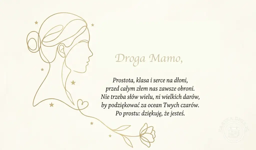 Elegancka kartka na Dzień Matki z minimalistycznym złotym rysunkiem profilu kobiety i wzruszającym wierszem podziękowania.