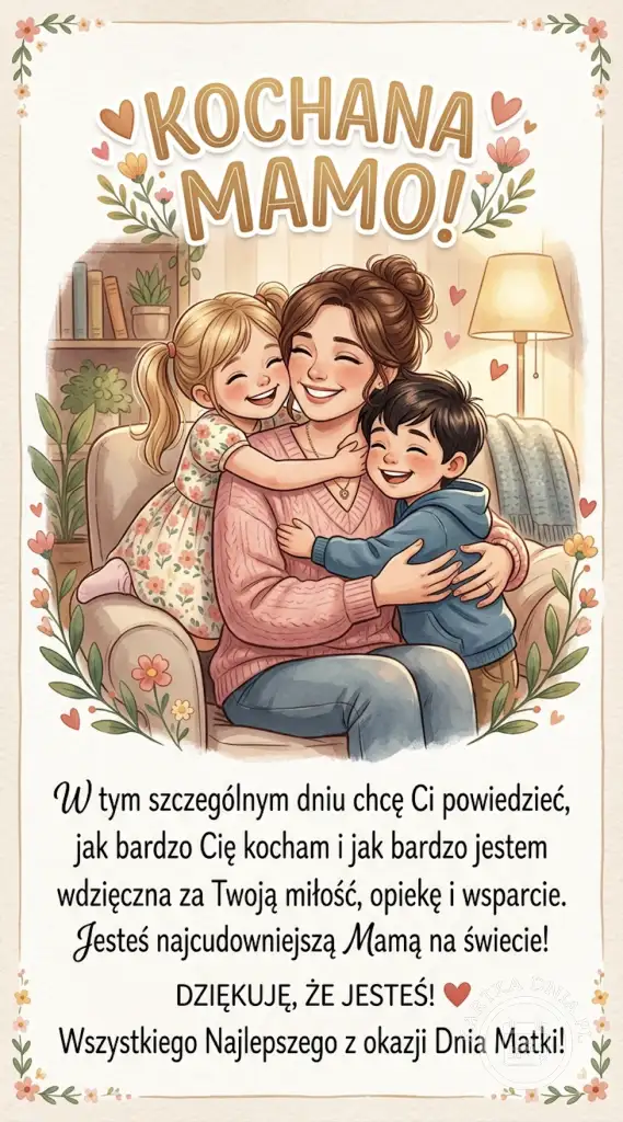 Uśmiechnięta mama przytula córkę i syna na tle ciepłego wnętrza. Kartka na Dzień Matki z życzeniami 'KOCHANA MAMO!'