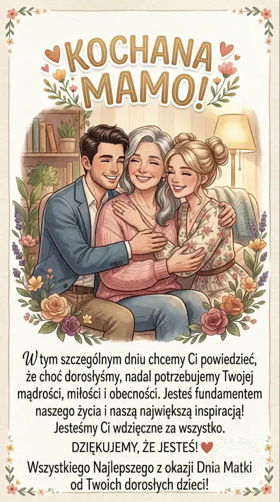 Kartka na Dzień Mamy z ilustracją dorosłej córki i syna obejmujących uśmiechniętą mamę. Wzruszający obrazek na Dzień Matki.