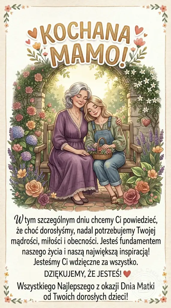 Ilustracja kartki na Dzień Mamy z dwiema kobietami (matką i córką) siedzącymi na ławce w ogrodzie pełnym róż i kwiatów, objęte. Napis: "KOCHANA MAMO!"
