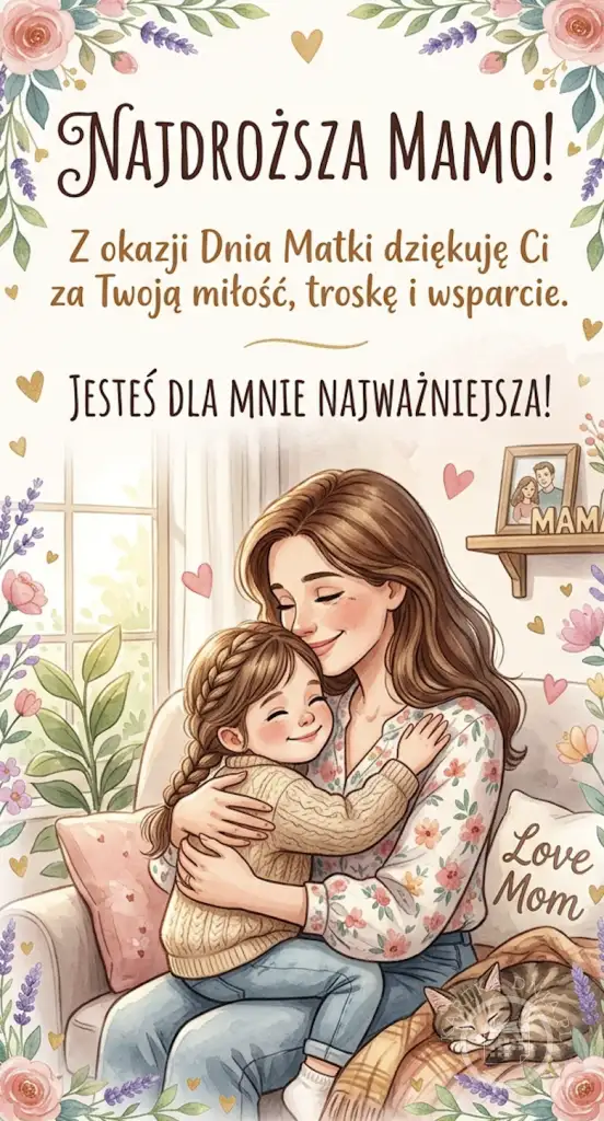Urocza kartka na Dzień Mamy z matką i córką w ciepłym uścisku, śpiącym kotem, otoczona kwiatami. Napis: Najdroższa Mamo!