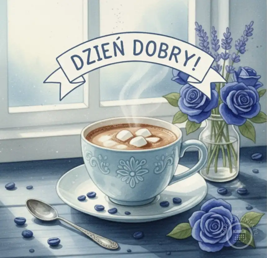 Ilustracja: kartka na dzień dobry z filiżanką gorącej czekolady i piankami, niebieskimi różami, lawendą, przy oknie. Napis 'DZIEŃ DOBRY!'