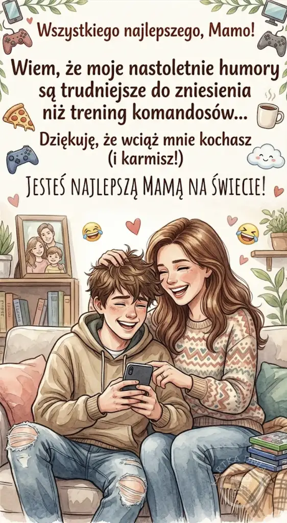Kartka na Dzień Mamy: roześmiana mama i nastoletni syn na kanapie. Zabawny tekst o nastoletnich humorach i bezwarunkowej miłości.