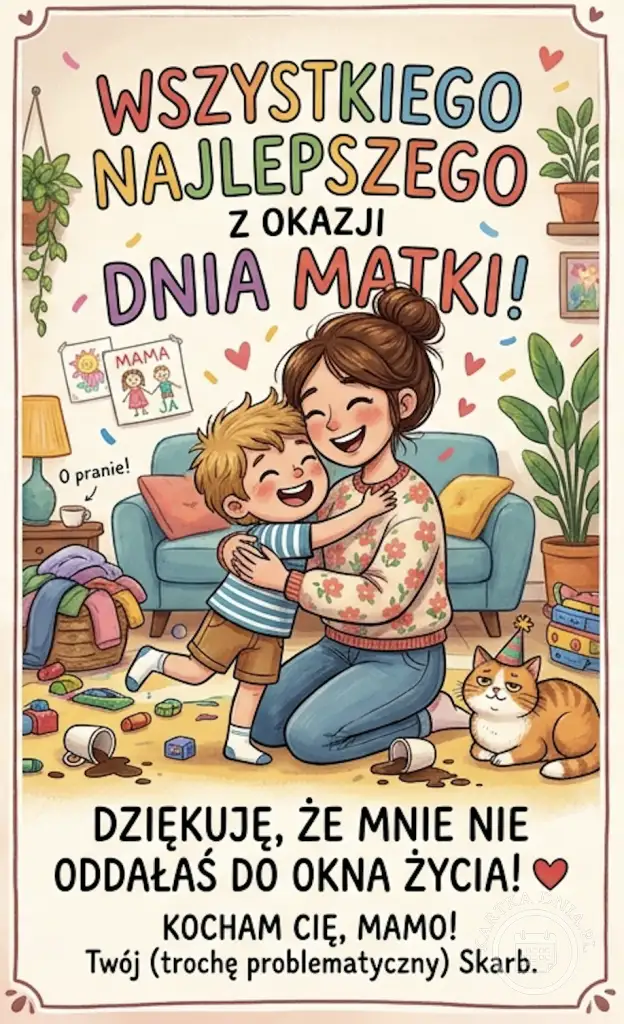 Kartka na Dzień Matki z humorem: mama i dziecko w uścisku, z przesłaniem "Dziękuję, że mnie nie oddałaś do okna życia!"