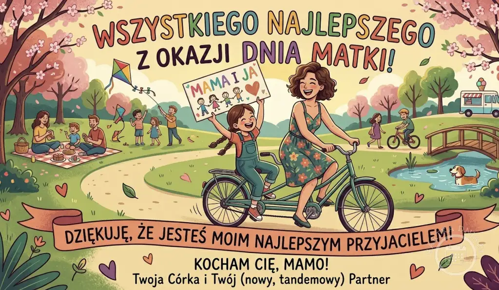 Kolorowa ilustracja kartki na Dzień Matki z mamą i córką na rowerze tandemowym, piknikiem rodzinnym i hasłem 'Wszystkiego Najlepszego z Okazji Dnia Matki'.