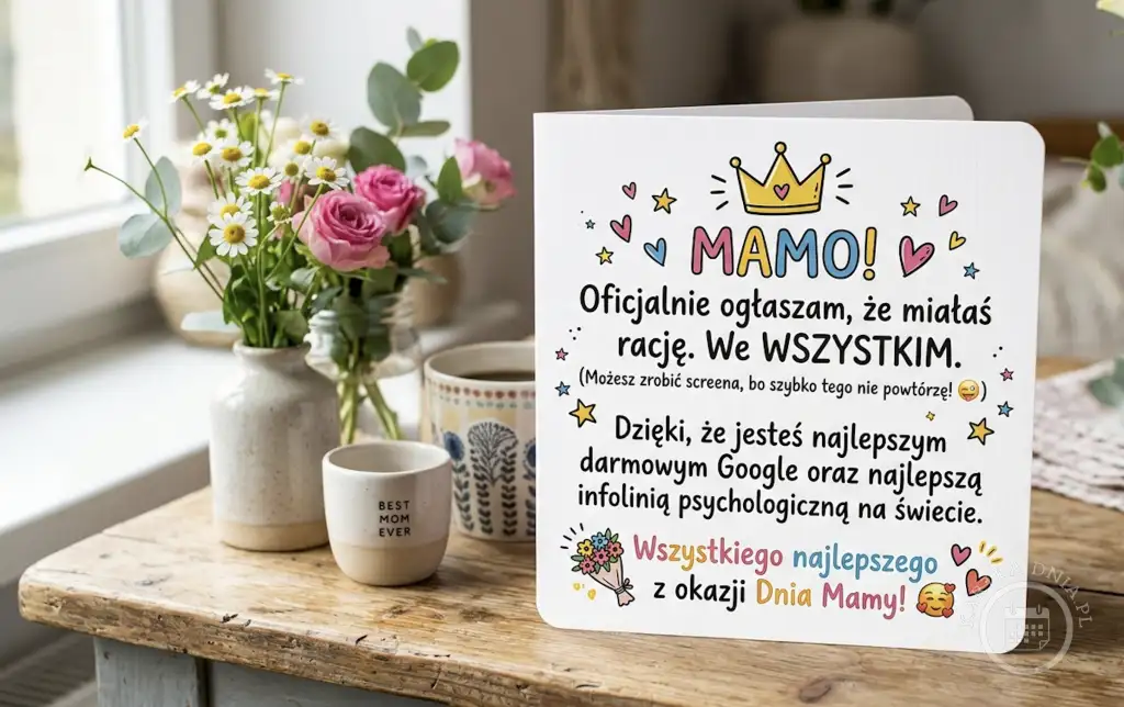 Kartka na Dzień Mamy z napisem 'MAMO! Oficjalnie ogłaszam, że miałaś rację. We WSZYSTKIM.' z koroną i serduszkami. W tle bukiet stokrotek i róż.