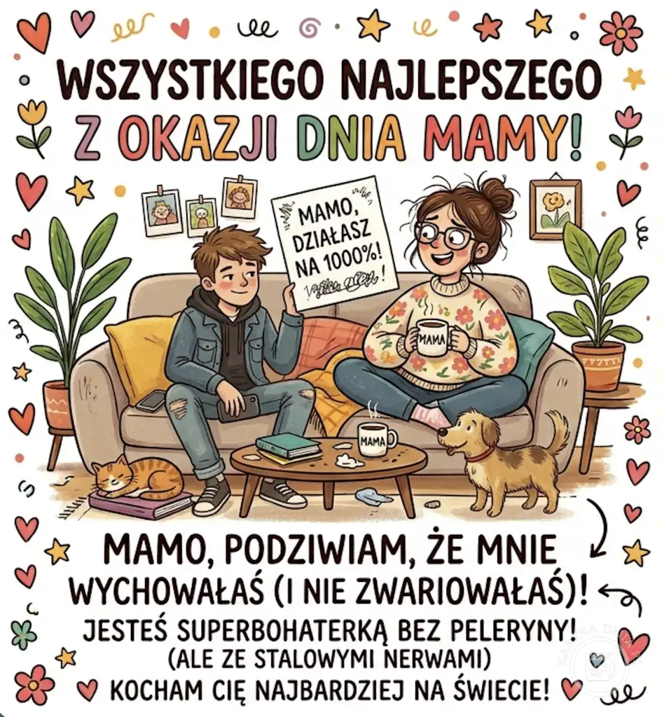 Wesoła kartka na Dzień Mamy. Syn wręcza Mamie kartkę 'Mamo, działasz na 1000%'. Para na kanapie z kotem i psem. Życzenia dla superbohaterki.