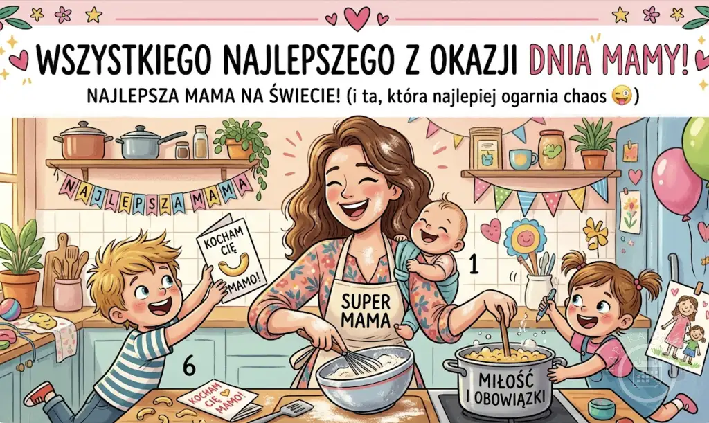 Ilustracja kartki na Dzień Mamy z napisem Wszytskiego Najlepszego. Szczęśliwa mama z dwójką dzieci w kuchni, gotują, a jedno dziecko wręcza laurkę.