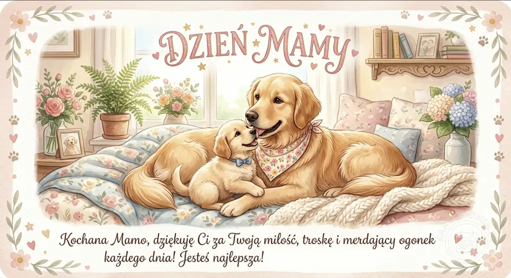 Urocza ilustracja na Dzień Mamy przedstawiająca psa golden retrievera z małym szczeniakiem, leżących razem na łóżku z kwiatowym kocem.