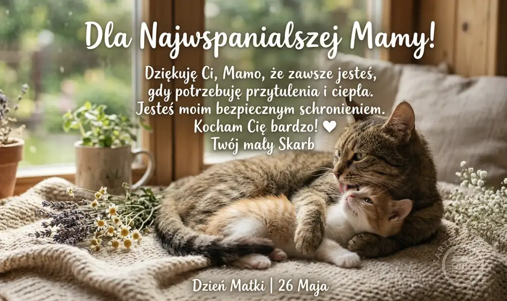 Urocza kartka na Dzień Matki przedstawiająca kotkę liżącą małe kociątko na ciepłym, plecionym kocu. W tle okno i zieleń.